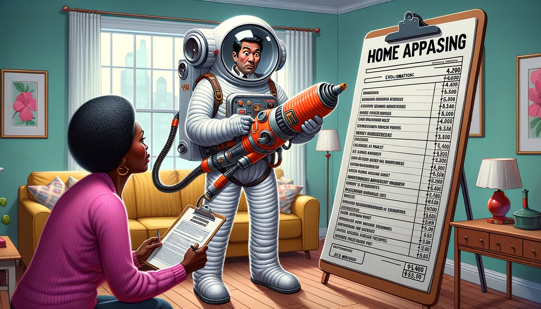 Create a detailed, humorous scene capturing the concept of 'Understanding Home Appraisals'. In the image, a South Asian male appraiser is equipped with complex tools that would normally be fit for a scientist or astronaut, rather than a house appraiser. Performing silly tests such as trying to measure the aroma of the house with a giant and unnecessary device, he stands in the middle of the living room. An African female homeowner watches him, bemused and surprised yet entertained by the comic exaggeration of the home appraisal process. The appraisal sheet on the table shows ridiculously funny evaluation points such as 'Coziness factor of the pillows' or 'Colors and moods of the walls'.