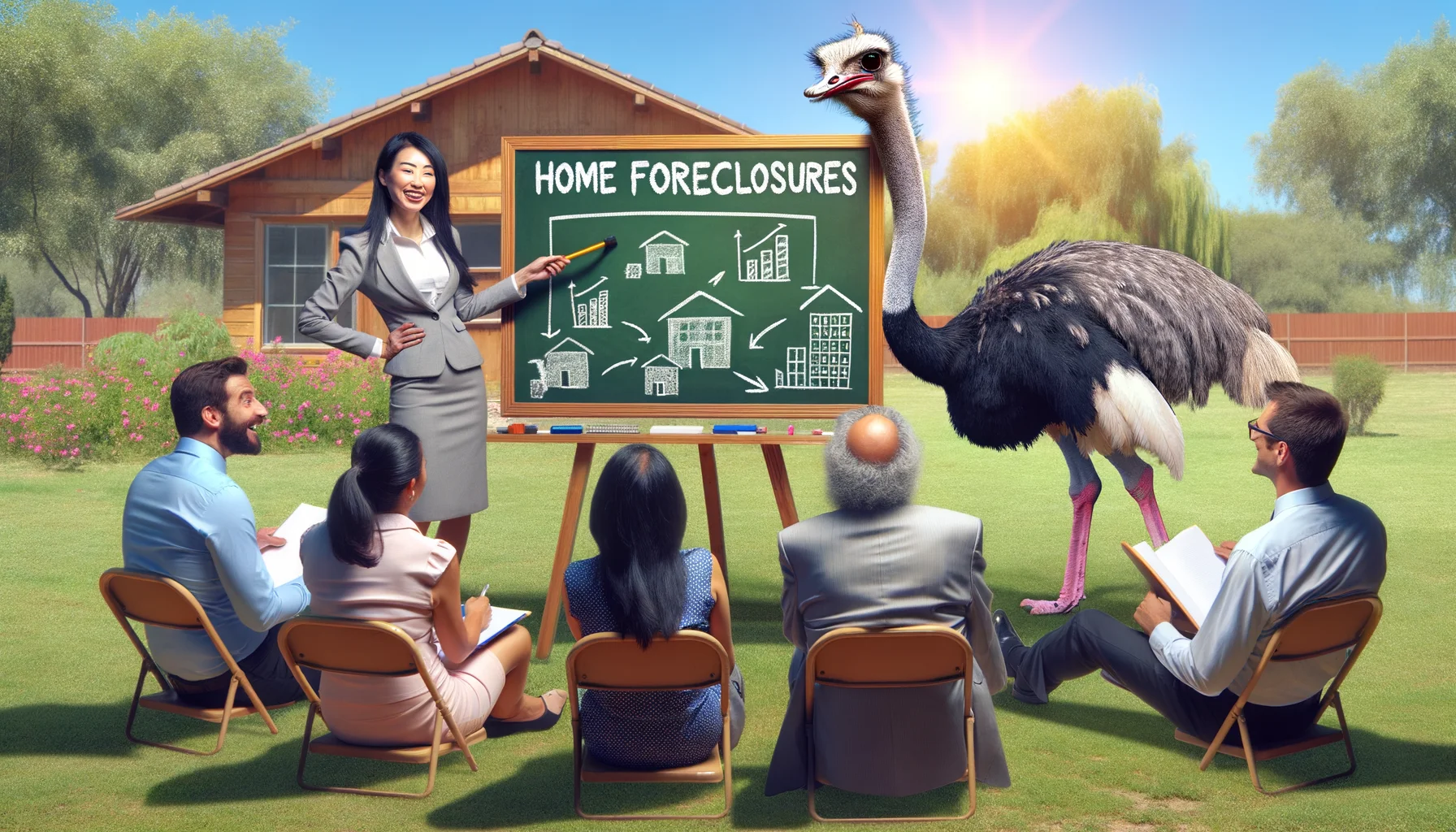 Generate a humorous yet realistic image that depicts 'Understanding Home Foreclosures' in a perfect scenario. The scene is a brightly lit outdoor setting, with a group of people attending an outdoor class. The instructor, an East Asian woman, is energetically explaining foreclosure concepts with the help of a blackboard. The audience includes a Middle-Eastern man in his 30s, a Caucasian woman in her 40s, and a South Asian youngster. All are laughing while taking notes. The humor element is represented by a nearby ostrich that's humorously peeking over the blackboard taking a look at the diagrams.