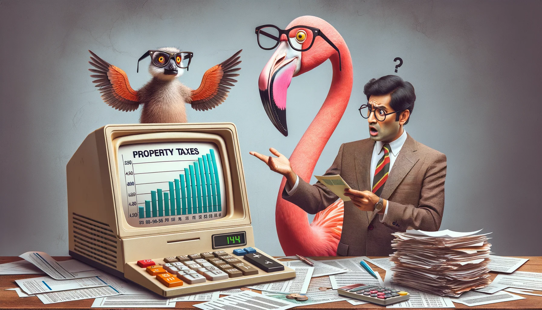 Please create a humorous and realistic image illustrating the concept of property taxes. Imagine a puzzled flamingo, wearing reading glasses on its beak, gazing at a chunky, ancient-looking computer screen displaying a bar chart of property taxes. Standing next to the flamingo is a South Asian male tax consultant trying to explain the concept with a oversized calculator and a mound of paper filled with numbers and tax laws. Add to the comedic element, let's have a kangaroo wearing a suit in the background looking panicked while checking its wallet.