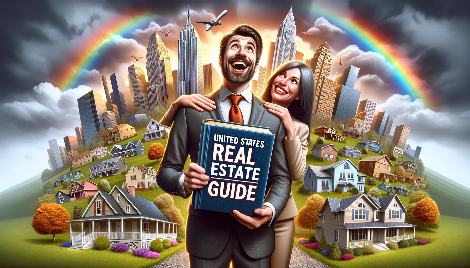 Create a humorous, realistic image capturing the ideal scenario of real estate in the United States. It should show a diverse selection of properties from urban skyscrapers to suburban houses and rustic countryside homes. Include a visual representation of a 'guide,' perhaps as a comically oversized manual with the title 'United States Real Estate Guide', held by a cheerful Caucasian male real estate agent and a joyful Hispanic female home buyer. They should look ecstatic, emphasizing the humor, perhaps underscored by a rainbow in the background signifying the perfection of their dream scenario.