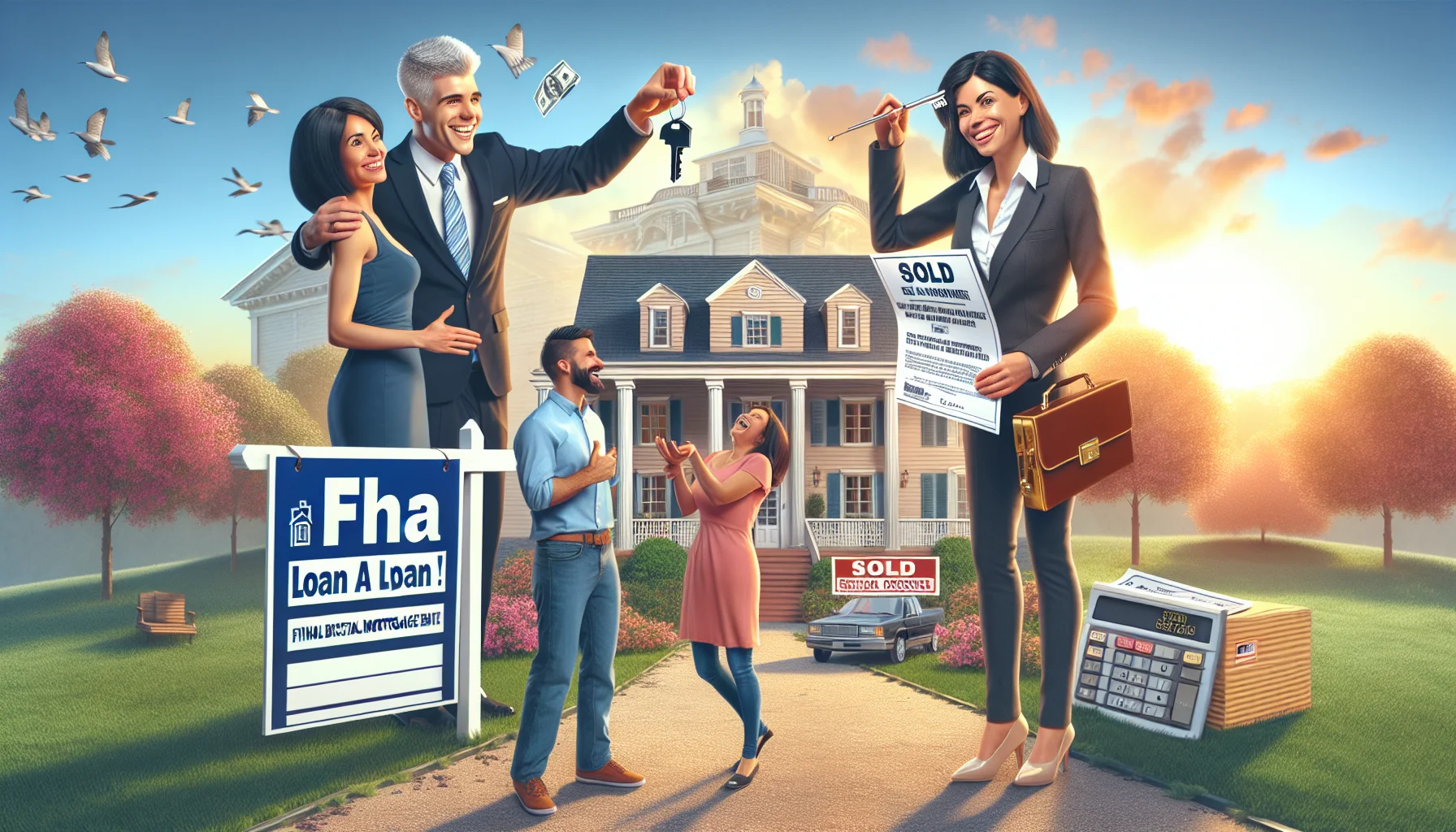 A humorously idealistic vision of real estate in Virginia involving FHA Loans. A confident, joyful realtor of Caucasian descent handing over the house keys to an ecstatic Hispanic couple against the backdrop of a majestic, newly purchased colonial-style house bathed in morning sunlight. Surrounding the scene are indicative symbols such as a miniature 'sold' sign, a document titled 'FHA Loan Approval', and a calculator showing an incredible final mortgage rate. All depict the perfect and absolute best-case scenario of acquiring a property with an FHA loan in Virginia.