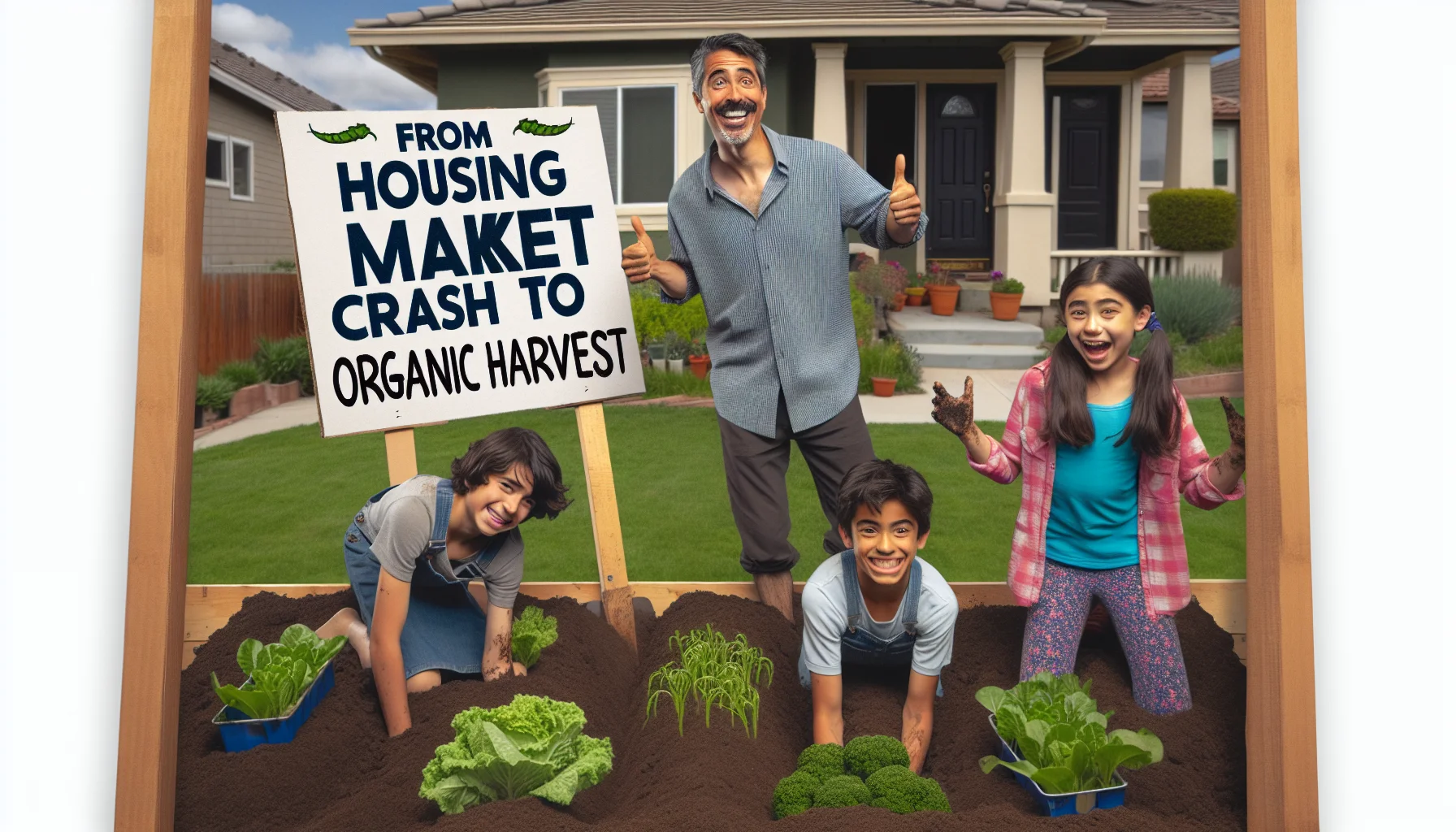 Create a humorous image that delves into the best possible outcome for homeowners in the event of a housing market crash. Show a Caucasian man and a Middle-Eastern woman, both homeowners, gleefully converting their suburban houses into thriving vegetable gardens. They're uprooting their manicured lawns to make way for rows of lush green crops. Their children, a Hispanic boy and a South Asian girl, are playfully helping them out, their faces smeared with dirt, but grinning with joy. A sign saying 'From Housing Market Crash to Organic Harvest' stands proudly in the foreground.