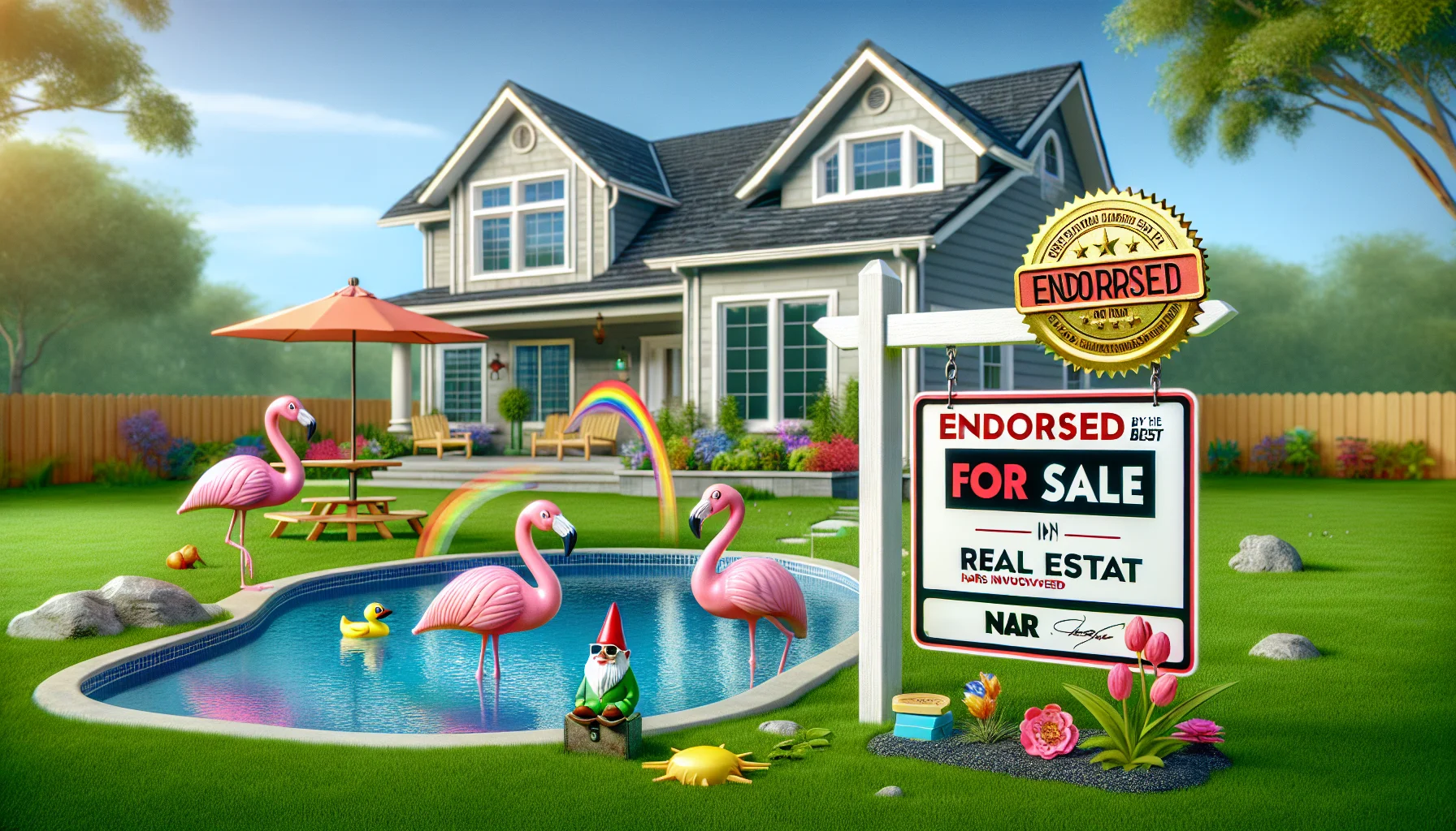Create a humorous and realistic image of a perfect scenario related to real estate. Visualize a beautifully designed, top of the line house with a lush green lawn and a 'For Sale' sign prominently displayed. Throw in a few quirky elements to make it funny - perhaps a few flamingos wearing sunglasses on the lawn, a rainbow in the bright blue sky, and a comical gnome fishing in a small ornamental pond. To indicate the excellence of NAR's involvement, add a gold seal in the corner saying 'Endorsed by the Best'. Remember to keep it colorful and vivid.