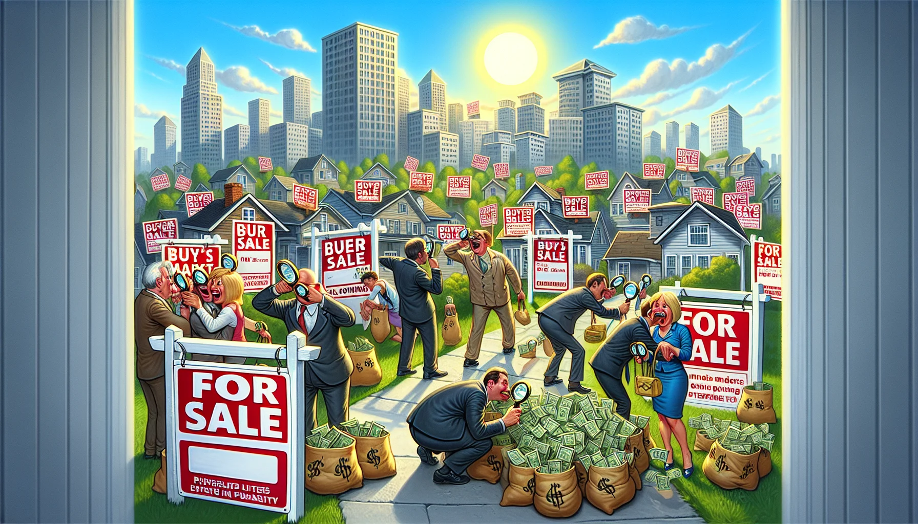 Imagine a humorous and realistic situation that epitomizes a buyer's market in the real estate industry. Picture a cityscape with properties donning 'for sale' signs, with prices plummeting so dramatically they resemble a downhill ski slope. Buyers, composed of men and women from all races, are jovially gathering, with overflowing bags of money and magnifying glasses to peruse the tiny print of property listings. There are signs indicating drastically reduced interest rates, and the sun is shining brightly, symbolizing the perfect scenario for purchasing. All of this is portrayed with a light-hearted, comical touch.