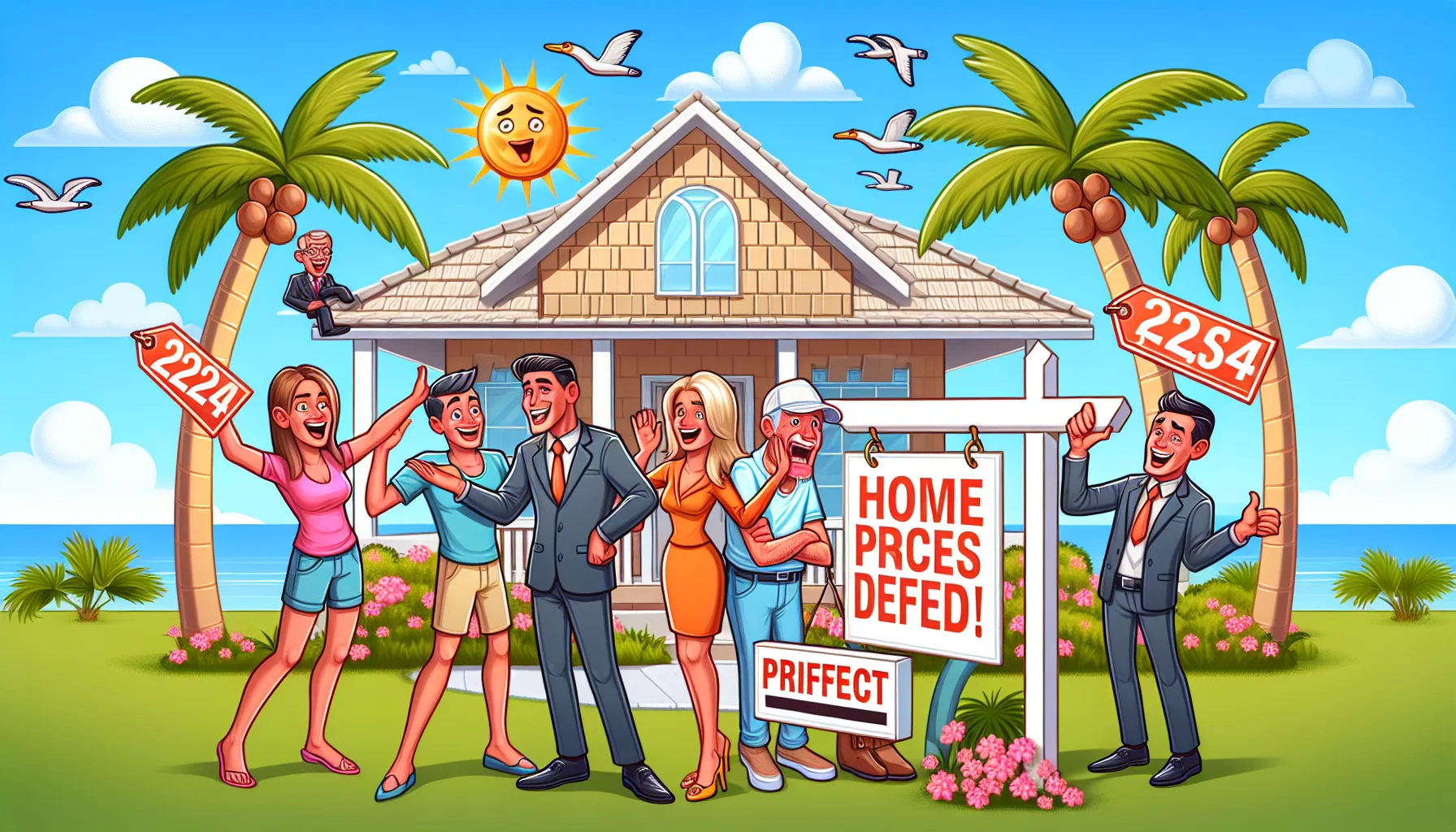 Create a humorous and realistic scene showcasing a 'perfect' real estate scenario in Florida in 2024 where home prices are dropping. The image might include elements like happy home buyers, real estate agents with expressions of disbelief, and price tags with drastically reduced numbers. Also, incorporate characteristics of Florida such as palm trees and sunny weather.