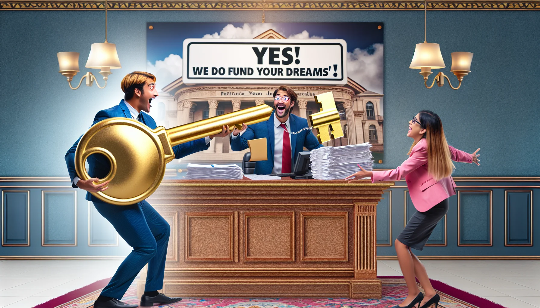 Imagine a humorous, hyper-realistic scene where an ecstatic Caucasian male bank clerk is giving a giant golden key that represents a home loan, to a delighted South Asian female client. This is set in a vibrant, well-decorated bank interior, with a large banner in the background that humorously reads 'Yes! We do fund your dreams!'. The counter is strewn with papers indicating a down payment agreement. Ensure the vibes of the image demonstrates the 'perfect' scenario in real-estate transactions.