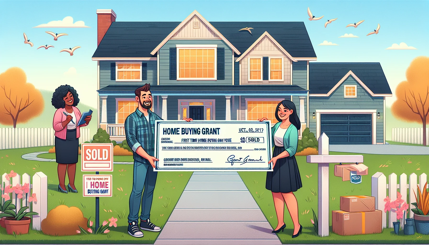 Create a whimsical and realistic image that embodies the perfect scenario for first-time home buying. Imagine a jubilant couple, a Caucasian woman and a South Asian man, holding a massive symbolic check that says 'Home Buying Grant'. They are standing in front of their new beautiful suburban house with a sold sign in the yard. A friendly real-estate agent, a Black woman, is handing them the keys. The sky is clear, birds are chirping and the sun is shining, symbolizing a bright future.