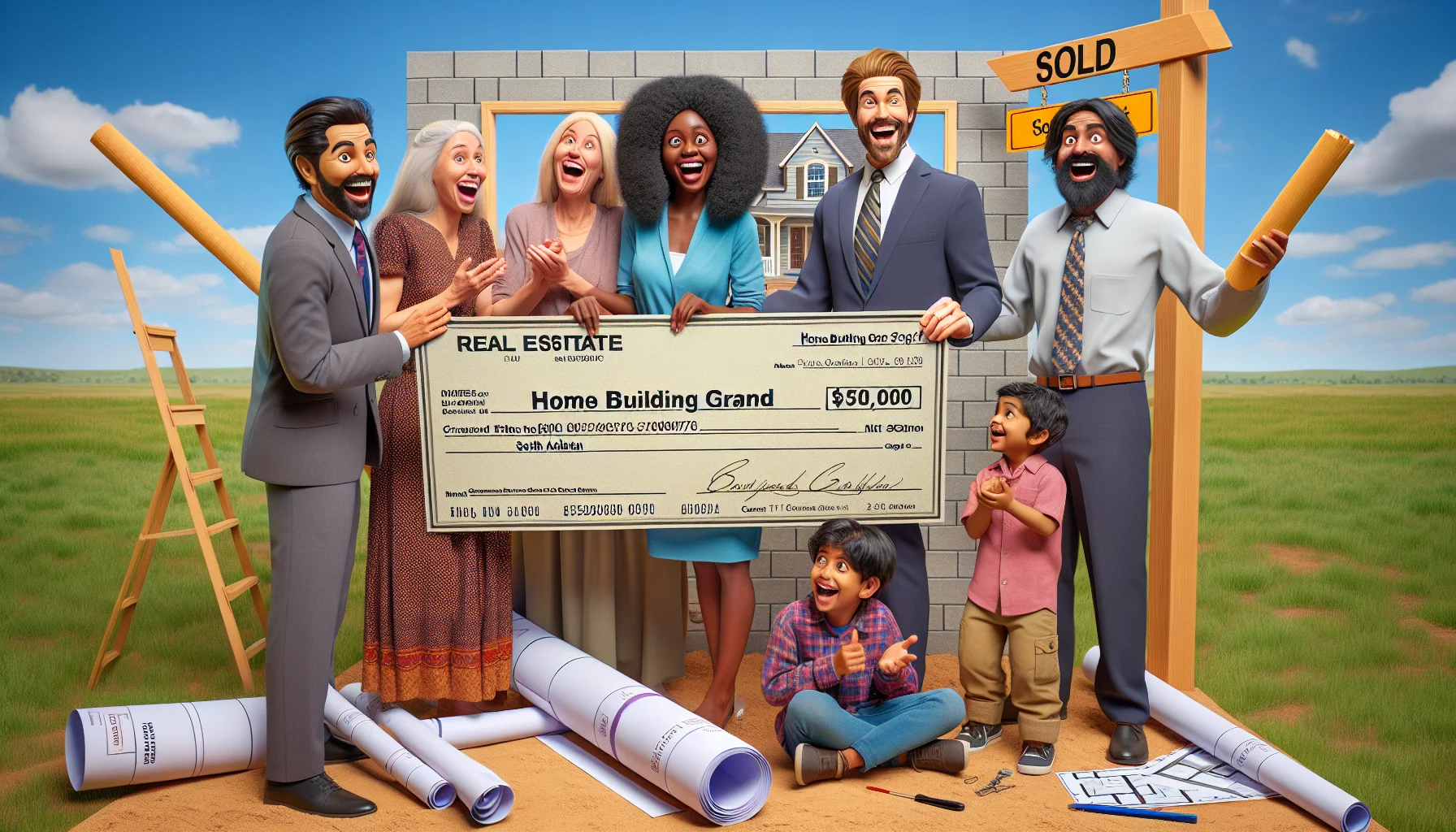 Imagine a humorous and realistic image where a Caucasian male and Black female real estate agent are comically handing over a massive check, the kind you often see in lottery wins, to a South Asian family of a man, woman, and two children. The check is labeled 'Home Building Grant'. There are blueprints and measuring tapes scattered about the scene. The backdrop is an open, grassy plot with a 'Sold' signpost. The family looks thrilled and a bit surprised, maybe because of the size of the check or because of the smiling agents' exaggerated enthusiasm.