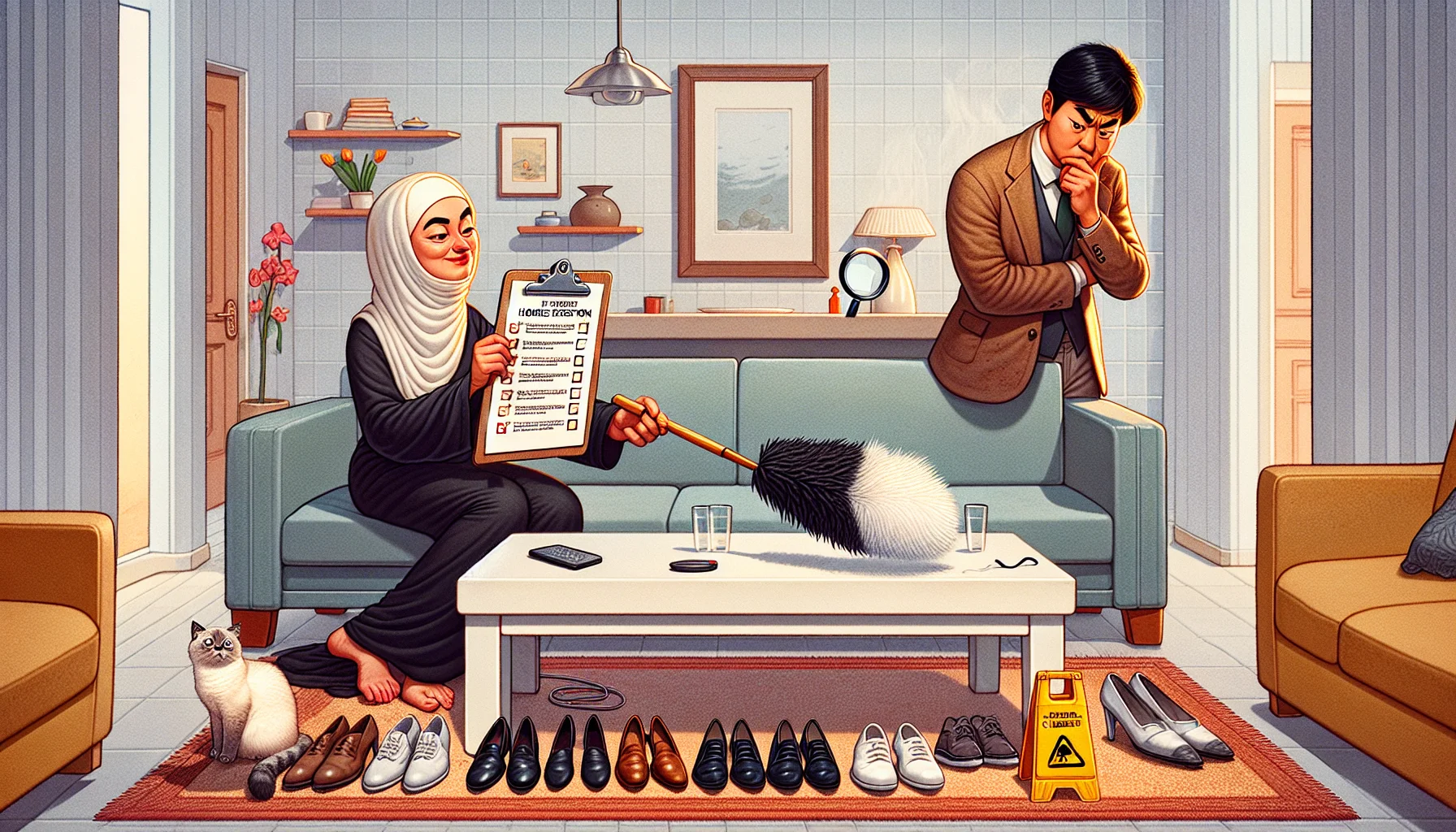 Create an image set in a perfectly clean, gleaming house. A humorous scene is unfolding: A Middle-Eastern woman is dusting a spotless shelf with a feather duster, appearing to scrutinize a nonexistent speck. A Asian man stands nearby, scowling at his perfectly polished shoes, as if displeased they can't be cleaner. On the coffee table is a clipboard with a list marked 'Home Inspection Checklist', all boxes ticked, and a magnifying glass lies beside it. A cat in the corner is seen wearing a tiny hard hat, suggesting it's the 'home inspector'.