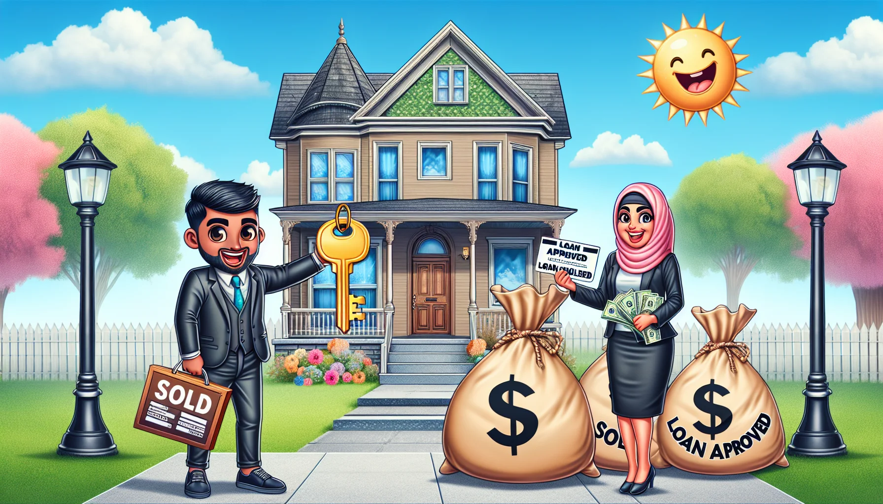 Imagine an idyllic real estate scene that perfectly depicts a laughably seamless purchase loan process. There's an excited South Asian male buyer, happy and confident, holding a large key in his hand, the symbol of his new home. A friendly Middle-Eastern female bank clerk happily hands over giant, fake bags of money with 'Loan Approved' written on them. Their transaction takes place before a gorgeous Victorian-era house with a 'SOLD' sign in the front yard. Add whimsical touches to accentuate the humor, like a rainbow in the sky and a laughing sun overhead, reflecting the perfect nature of scenario.