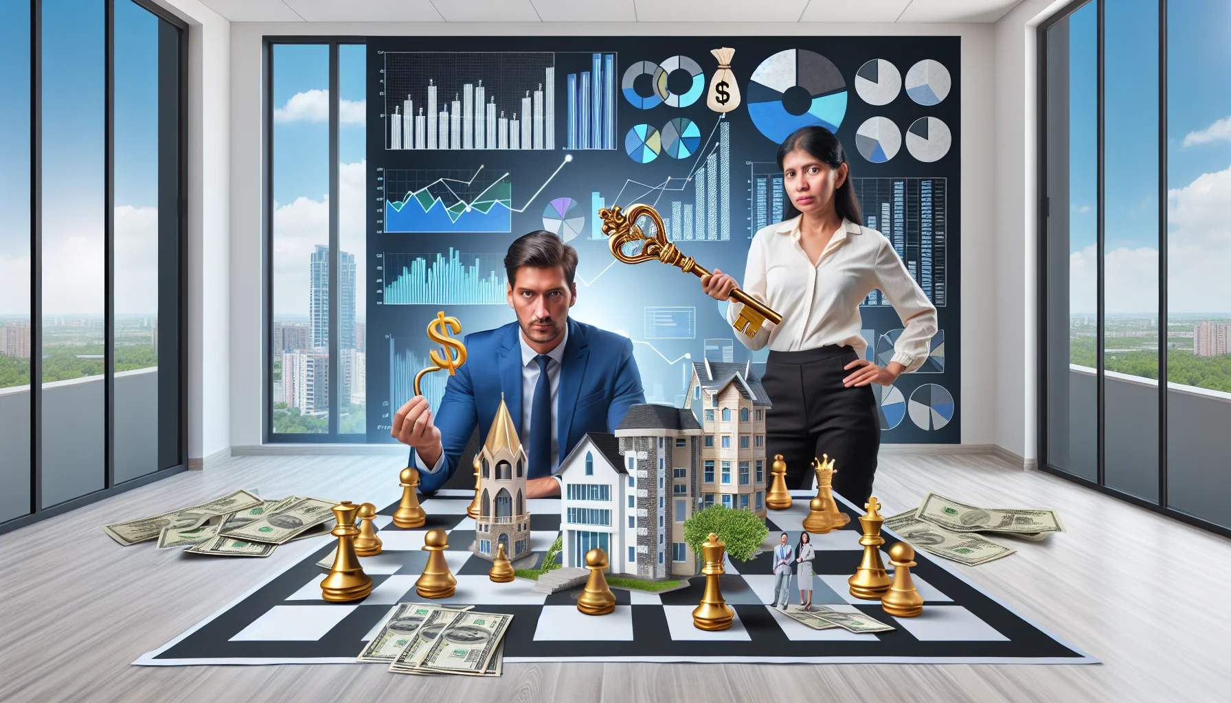 Create an amusing image depicting the ideal scenario for real estate strategies. Display a Caucasian male realtor and a South Asian female client in a brightly lit modern office, surrounded by graphs, charts and models of architectural buildings symbolizing the real estate market. Add some humorous elements like the realtor with a golden key in his hand, representing 'the perfect house', and a money tree in the backdrop symbolizing 'profitable investment'. Explicitly highlight the real estate strategies by depicting a giant chessboard on a table with models of houses and buildings as chess pieces.