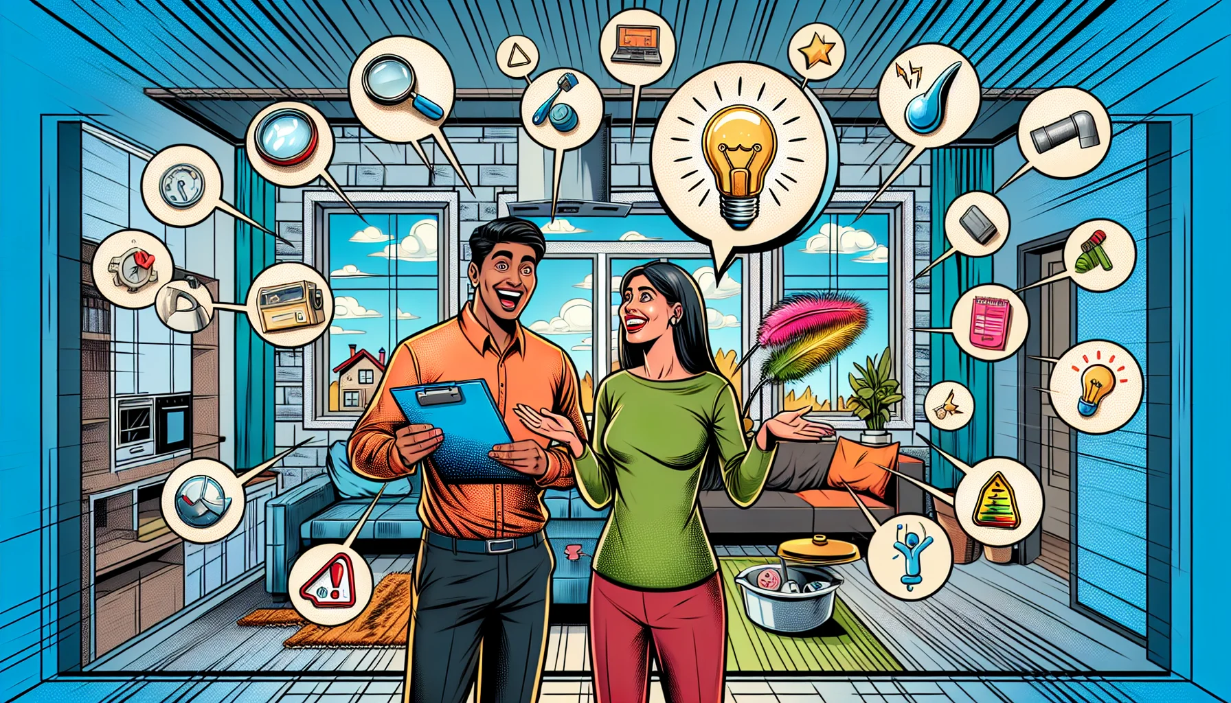 Imagine a delightfully humorous scene depicting a perfect scenario for a home inspection in the context of real estate. The image features a joyful Middle Eastern female realtor presenting various areas of a pristine modern house to an ecstatic South Asian male home inspector. Overhead, there are floating drawn symbols and signs to represent tips: a magnifying glass hovering over the plumbing, a checklist over the electrical panel, a feather duster near clean surfaces, an energy-saving lightbulb in the living area. The vibrant colors of the house contrast with the pop-up comic-style speech bubbles indicating the inspector's praises.
